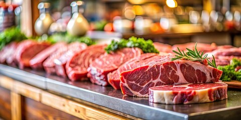 Fresh raw meat on a restaurant counter with shallow depth of field, meat, raw, fresh, restaurant, counter, food, delicious, juicy, uncooked, ingredients, preparation, kitchen, beef, pork