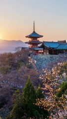 Canvas Print - Vertical video. Kiyomizu temple at sunset in Kyoto, Japan.