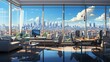 © Muschima - A modern office space bathed in natural light, with sleek minimalist furniture and panoramic windows overlooking a bustling cityscape. Painting Illustration style, Minimal and Simple,