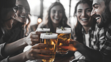 Group of friends enjoying a beer in brewery vintage pub - Young people hands cheering at bar restaurant - Friendship, party, nightlife and youth concept - Focus on close-up glasses