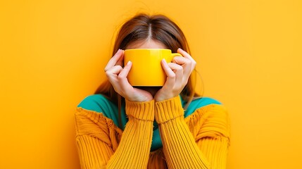 Wall Mural - Close-up view of woman's hands holding a coffee cup with a sad expression.against soli yellow backgorund