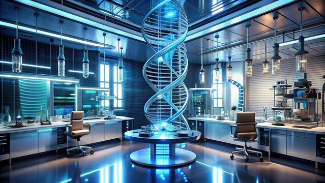 A futuristic DNA research laboratory with advanced equipment and technology in the medical field, medical, DNA, lab, science, biotechnology, scientist, laboratory, clinic, medicine