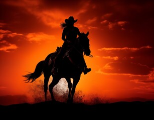 Girl cowboy on horseback at sunset