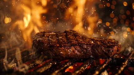 Sticker - A close-up shot of a perfectly grilled steak on a hot grill, with flames and sparks flying in the background. The steak is cooked to perfection, with caramelized edges and beautiful grill marks