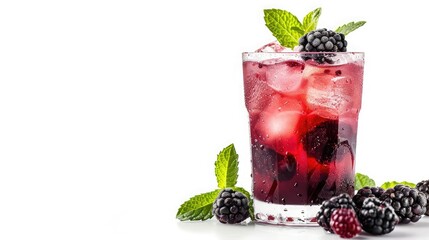 Wall Mural - Fresh blackberry cocktail in cold glass isolated on white background. Copy space,Delicious refreshing blackberry lemonade on table, closeup view,Blackberry smash cold cocktail with lime, mint and ice
