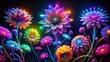 © Woonsen - Abstract neon flowers blooming against black background, neon, abstract, creative, flowers, bloom,vibrant, colorful, glowing, illuminated, neon lights, digital art, futuristic, fantasy