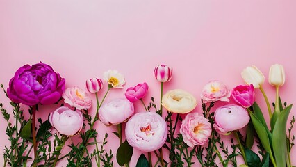 Various summer flowers flat lay purple peonies pink roses tulips and green branches over pastel pink background top view copy space vertical composition flower texture wallpaper and background