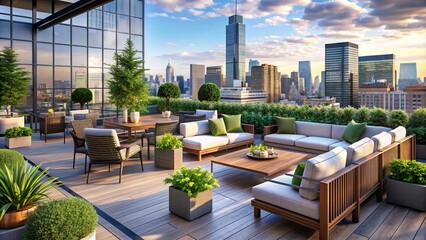 Stylish rooftop terrace with outdoor lounge furniture, urban landscaping, and panoramic city views, rooftop, terrace, outdoor, lounge, furniture, urban, landscaping, city views, panorama
