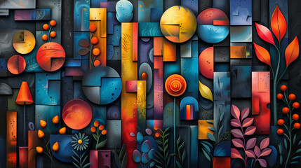 Poster - A vibrant painting featuring various colorful shapes intertwined with intricate flowers.