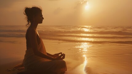 Wall Mural - A woman practices yoga on a peaceful beach as the sun rises, creating a stunning golden glow over the ocean