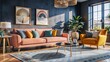 © Bounpaseuth - a brightly colored couch and chair in a modern living room, vibrant uplifting color scheme, brilliant modern colors, bold colored walls, warm pink living room, bright and saturated palette