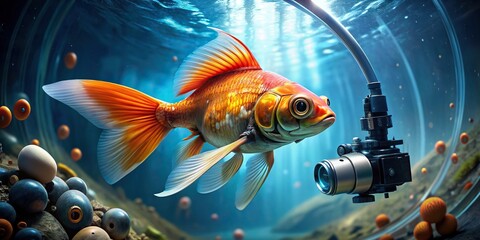 Wall Mural - Goldfish robot swimming in a virtual aquarium, goldfish, robot, swimming, virtual, aquarium, technology, futuristic, artificial intelligence, design, underwater, cute, fish, pet