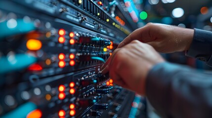 Poster - network engineer configuring complex corporate firewall to secure data transfers in business technol