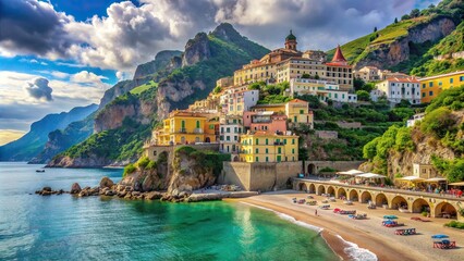 Photorealistic image of the picturesque Amalfi Coast beach with colorful buildings on cliffs overlooking the sea , Amalfi Coast, Italy, beach, coastline, Mediterranean, cliffs, buildings