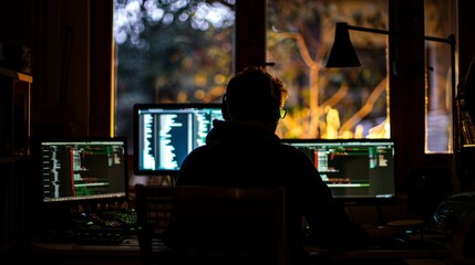 Wall Mural - A silhouette of a programmer working late into the night at a desk, illuminated by the glow of multiple computer monitors