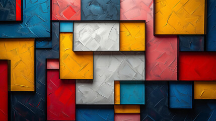 Poster - Geometric shapes in bold, vibrant colors form a striking abstract painting filled with squares and rectangles.