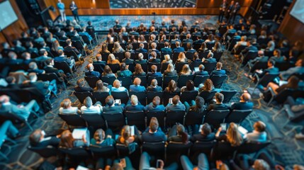 Wall Mural - An overhead shot showcasing a conference hall bustling with business professionals engaging in conversations and networking