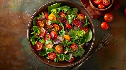 Wall Mural - An overhead photo showcasing a bowl of mixed greens, ripe tomatoes, and other colorful vegetables, drizzled with dressing, ready to be enjoyed