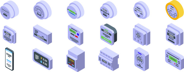 Poster - Household meters icons isometric set vector. A collection of electronic devices including a cell phone, a clock, and a digital scale. The devices are all white and arranged in a grid