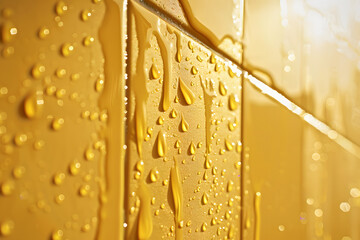 Wall Mural - Close-up of a yellow tiled wall with water droplets on it