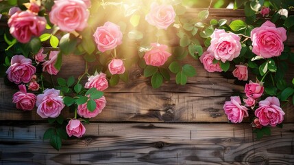 Canvas Print - Pink roses on a wooden backdrop with sunlight from nature