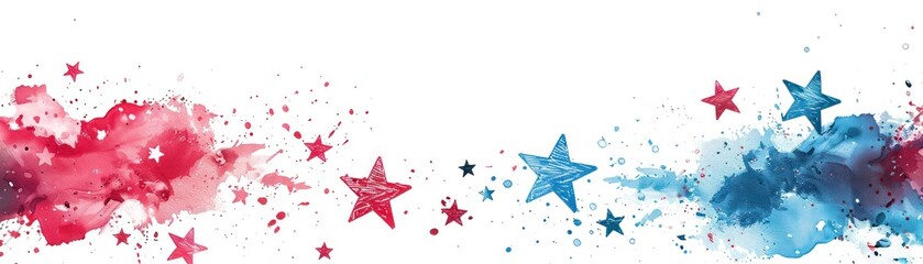 Vibrant watercolor design with red and blue stars, perfect for festive and patriotic themes. Artistic splashes and star patterns on a white background.