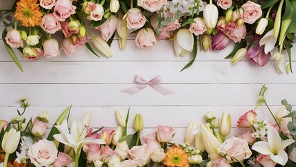 Wall Mural - Top view of wedding flowers on white wood background