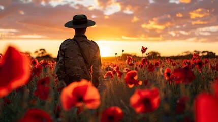 A Solitary Figure Walks Through A Field Of Poppies At Sunset