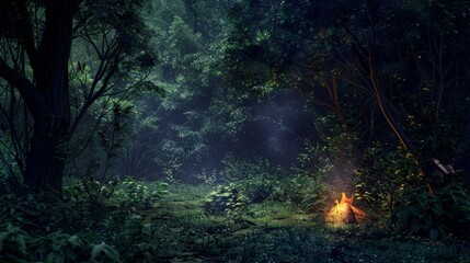 Wall Mural - A deep forest clearing with a small, glowing campfire and the sound of nocturnal animals. 