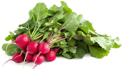 A high-resolution photo of fresh, vibrant radishes, isolated on a white background with clipping path