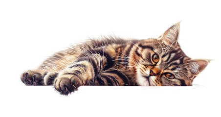 Cute tabby cat with striking fur pattern and expressive eyes, lying down in a relaxed pose. Perfect for pet-themed designs and projects.