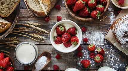 Wall Mural - Messy table with spilled strawberries in cream milk bread and wheat on wooden surface