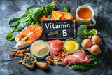 Vitamin B Rich Foods Including Salmon, Vegetables, and Nuts.
