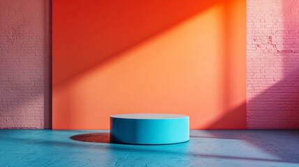 A blue pedestal sits in front of a red wall