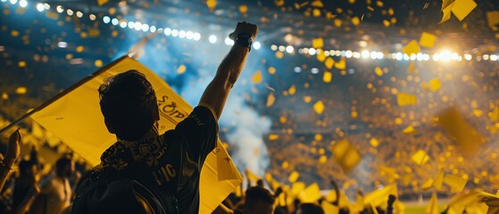 Wall Mural - football fans in the stadium were supporting the yellow and black team, they were holding yellow paper flags while shouting in celebration of european football league champions winner .