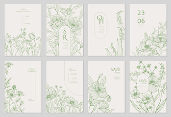 set of floral invitation save the date card with detailed various flowers. luxury vintage botanic te