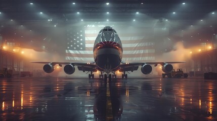 A large American cargo plane with an American flag painted on the side, inside a hangar, lights on and a foggy atmosphere, in a cinematic photographic style