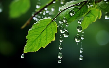 two leaves with water droplets hanging from a branch