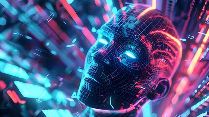 Wall Mural - Digital Futuristic Cyborg Head with Glowing Neon Geometric Patterns