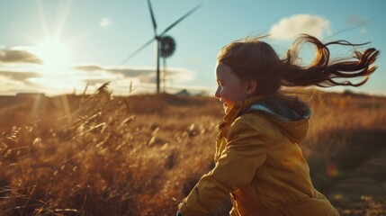 little girl and child running in front of windmill, renewable energy and sustainable resource windmi