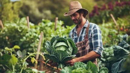 Wall Mural - man farmer with fresh vegetables, cabbage harvest, natural selection, organic, harvest season, agricultural business owner, young smart framing, healthy lifestyle, farm and garden direct, non toxic