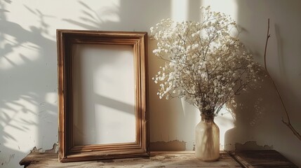 Old simple square picture frame on a white wall with a vase of white flowers