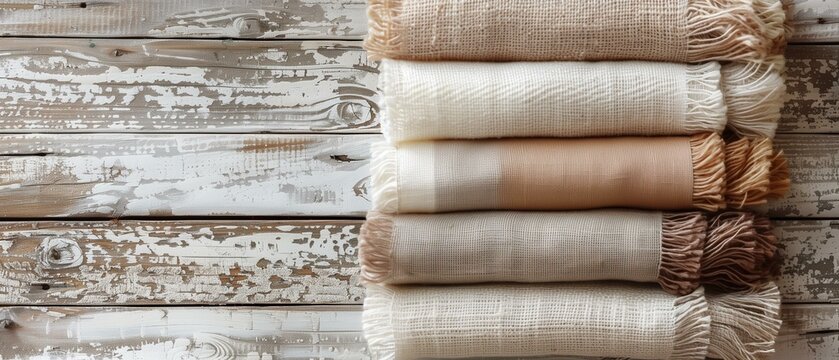 Stack neatly folded blankets on whitewashed wooden background, fall home autumn