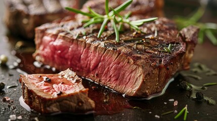 Wall Mural - Sliced steak with a crispy exterior and rare inside, garnished with rosemary and juices on the plate.