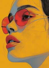 Wall Mural - a painting of a woman wearing pink sunglasses. Her face is turned to the side and her lips are slightly parted. The background is a bright blue.