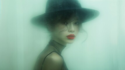 Canvas Print - a woman seen through a frosted glass window. Her eyes are not visible, but her lips are bright red.