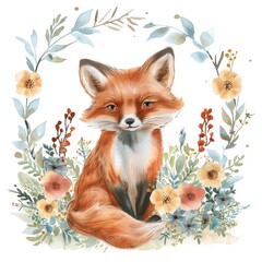 Wall Mural - Adorable Watercolor Woodland Forest Scene with Baby Fox and Floral Bouquet