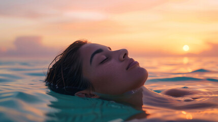Poster - Serene young woman peacefully floating in the ocean at sunset