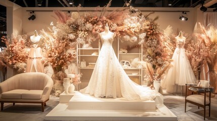 Elegant wedding dresses displayed in a beautifully decorated bridal shop with floral arrangements. Concept of marriage, fashion, and celebration.
