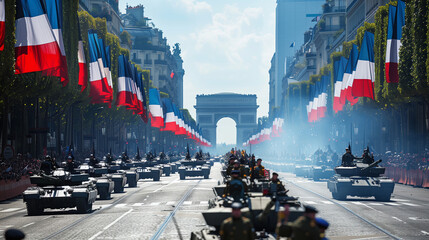 A grand military parade on the Champs-Elysees on Bastille Day